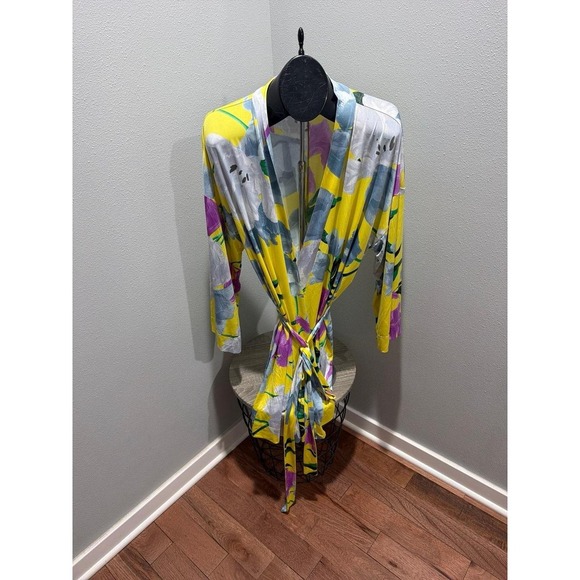 Cacique Other - Cacique Yellow Floral Kimono Robe Plus Sz 14/16 Long Sleeve Open Front Tie Boho